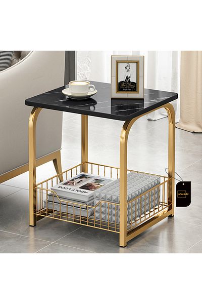 sharpdo Modern End Table With Storage Basket Sofa Side Table With Marble Design For Living Room