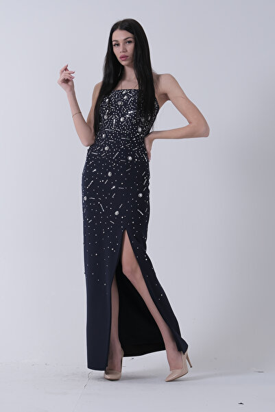 Feminist Taş İşlemeli Straplez Yırtmaçlı Abiye Lacivert 0801045