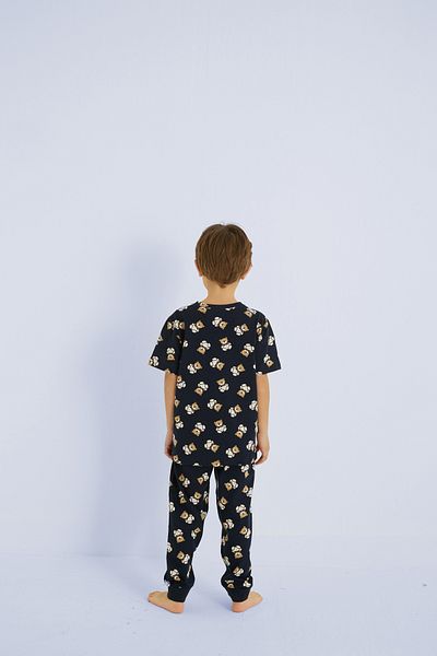 Siyah İnci Navy Blue Boy's 100% Cotton Teddy Bear Animal Printed Crew Neck Pajamas Suit 25110154