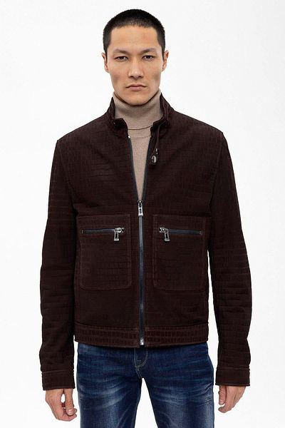Deriderim Brown Jovanni Zippered Men's Genuine Suede Coat with Snap Buckle and Crocodile Print on Waist and Collar