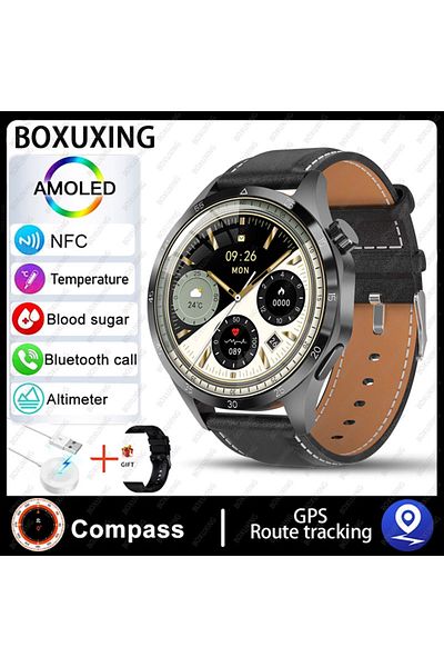 BOXUXING NFC GT4 Pro Black leather For Huawei Smart Watch Men Watch 4 Pro AMOLED HD Screen Bluetooth Call NFC