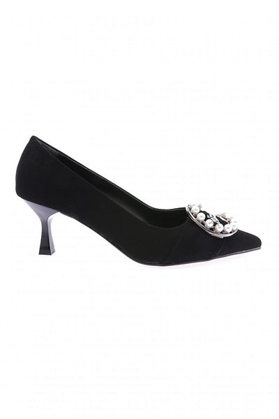 DGN Black Velvet Women's Heeled Shoes - Pearl Stone Detail