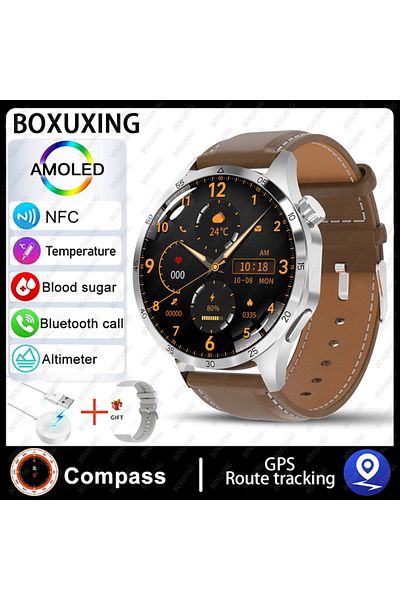 BOXUXING NFC GT4 Pro Brown leather For Huawei Smart Watch Men Watch 4 Pro AMOLED HD Screen Bluetooth Call NFC