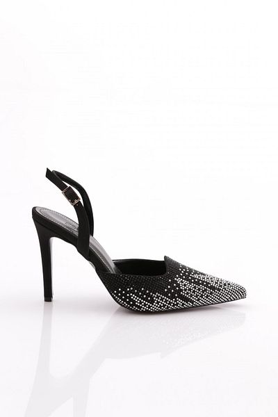 DGN Pantofi de rochie de seara de dama cu fata de piatra piele neagra