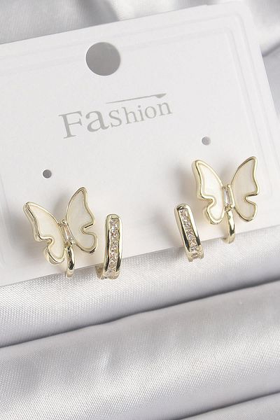 Celira Brass Silver Color Zircon Stone Detailed White Pearlescent Butterfly Model Women's Earrings