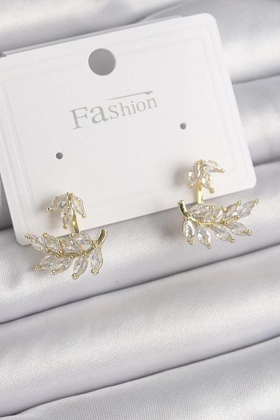 Celira Brass Gold Color Zircon Stone Leaf Model Women's Earrings