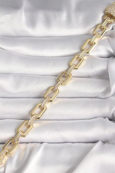 Celira Brass Gold Color Zircon Stone Detailed Square Chain Model Xuping Vip Exculusive Series Women's Bracelet