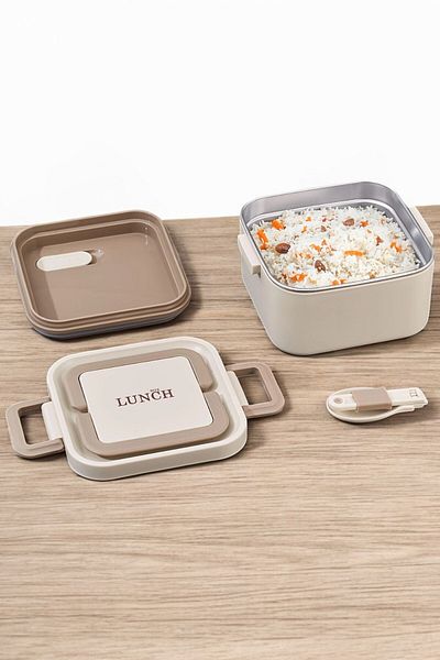 Digithome Bento Portable Stainless Steel Food Container Lunch Box Square Beige 700ml