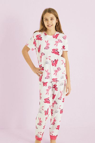 Siyah İnci White Girl's 100% Cotton Rabbit Printed Crew Neck Pajama Set 25110056