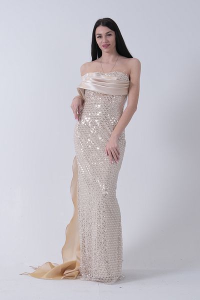 Feminist Drape Collar Detailed Sequin Embroidered Long Belted Evening Dress Gold 9705470