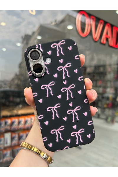 OVADA İphone 16 Uyumlu Kalp ve Kurdele Desenli İçi Kadife Silikon Kılıf
