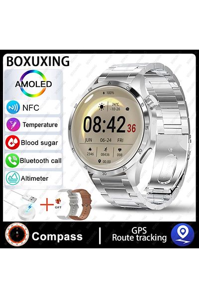BOXUXING NFC GT4 Pro Silver steel For Huawei Smart Watch Men Watch 4 Pro AMOLED HD Screen Bluetooth Call NFC