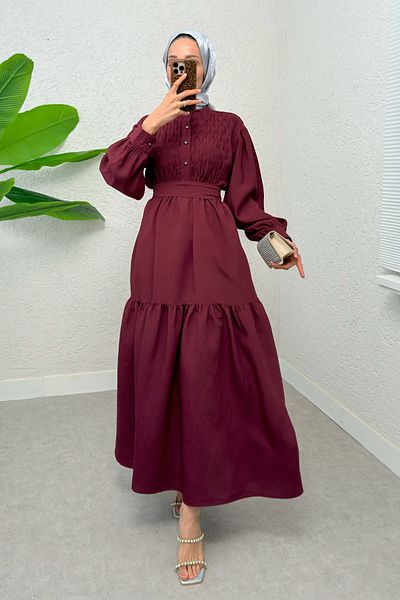 Salih Çelebi Half Button Hijab Dress 2247 - Bordo