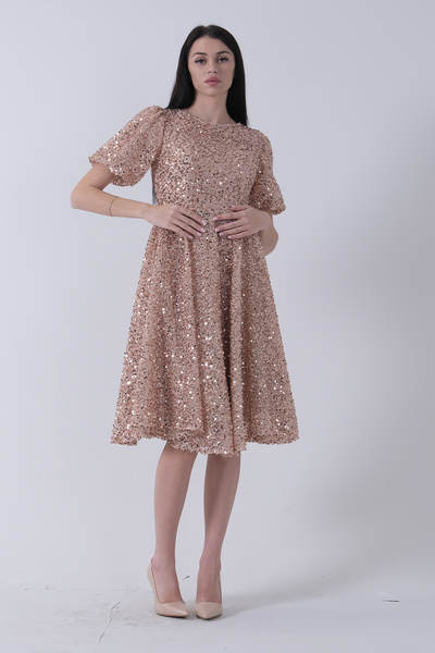 Feminist Gold Midi Evening Dress - Sequins and Short Sleeve 6502498