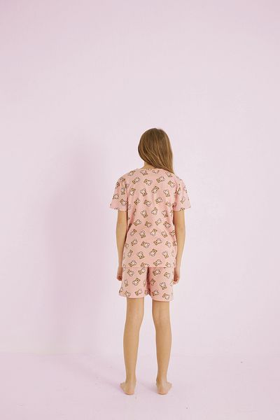 Siyah İnci Powder Girls 100% Cotton Teddy Bear Printed Crew Neck Shorts Set 25110005