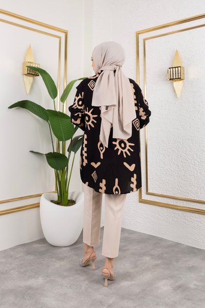 Sfg Life Moda Women's Hijab Clothing & Sportswear Suitable Button Detail Stylish Patterned Woven Viscose Shirt-Tunic