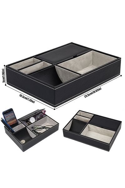 Choice black Faux Leather Men's Valet Tray with 5 Compartments Tray Organizer Durable Nightstand Organizer