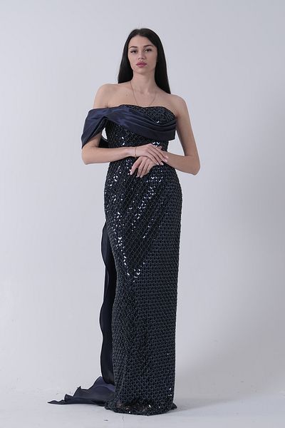 Feminist Navy Blue Evening Dress - Drape Collar Detailed Sequin Embroidered Long Sash