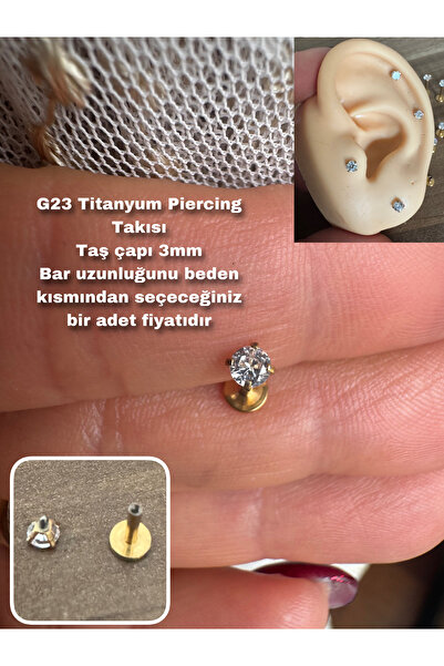 Bylin %100 G23 Titanyum Prenses Kesim Tek Taş, Labret Piercing (TAŞ ÇAPI 3MM)-1 Adet