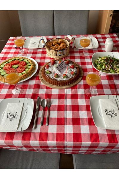 BELMODMODA Red and White Large Esose Checkered Zefir Tablecloth