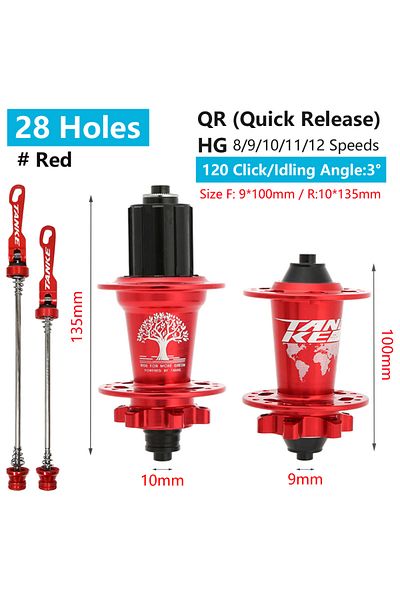 TANKE 28H Red QR TANKE 120 Click Hub 6 Bearing MTB Mountain Bike Hub Front Rear Thru HG 28 32 36 Holes Dis