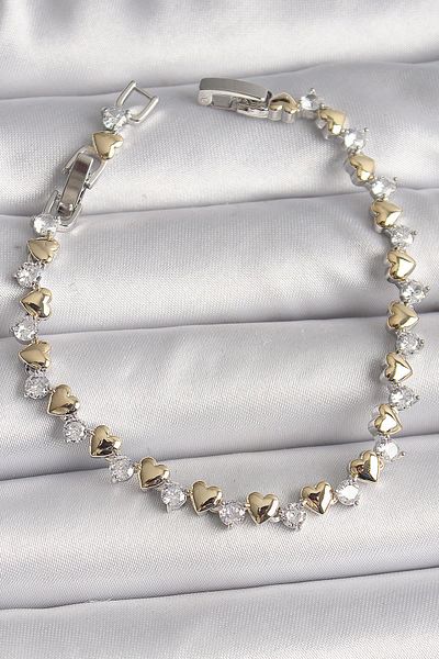 Celira Brass Silver Color Zircon Stone Gold Heart Vip Series Women's Bracelet