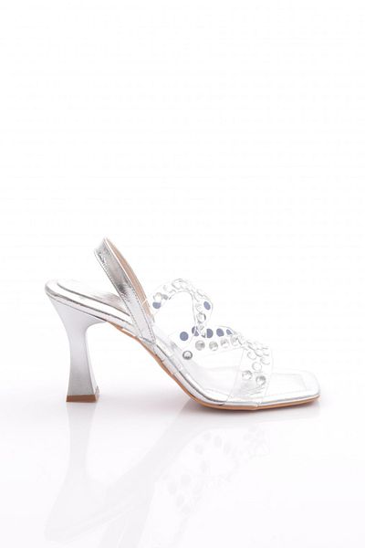 DGN Pantofi de seara cu toc cu cravata in spate de dama din piele lacuita argintie 2193128