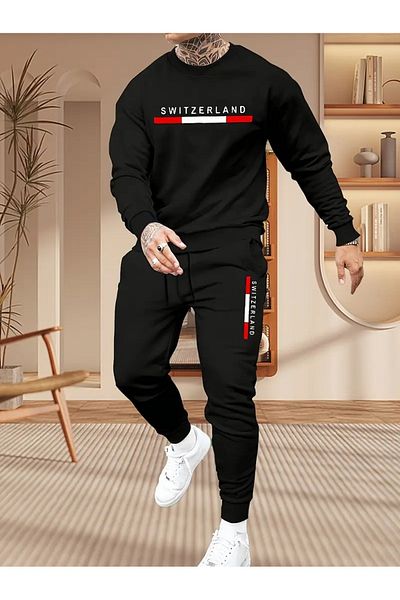 DAXİS Sportwear Company Men's Switzerland Printed Tracksuit Set Sweatshirt Jogger Sweatpants - Bottom Top Set