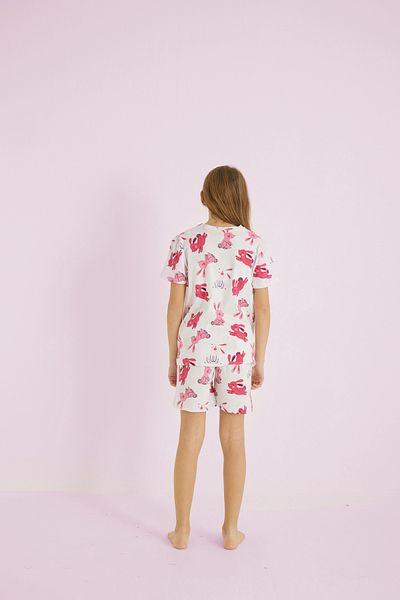 Siyah İnci White Girl's 100% Cotton Rabbit Printed Crew Neck Shorts Set 25110006