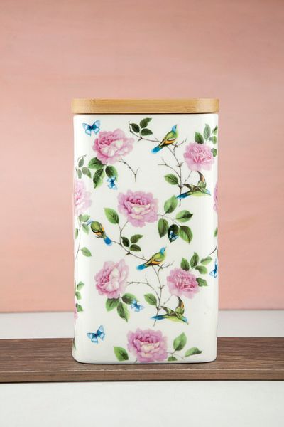 Bursa Porselen Dekor Pink Rose and Bird Large Size Vacuum Bamboo Lid Porcelain Spice Jar