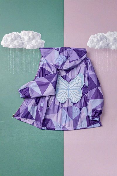 Minigimin Cicileri Purple Butterfly Detailed Hooded 5-8 Years Old Lined Girl's Seasonal Raincoat