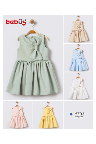 Bebüş Ευέλικτο ύφασμα κρεπ φιόγκο με λεπτομέρεια αμάνικο ροζ κοριτσίστικο φόρεμα 15703