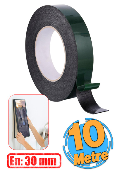 Badem10 Çift Taraflı Köpük 30 mm x 10 Metre Sünger Bant Etil Vinil Asetat Siyah 1 Adet Eva Montaj Bandı