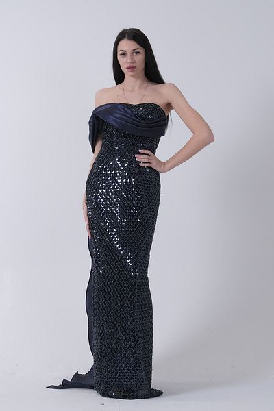 Feminist Navy Blue Evening Dress - Drape Collar Detailed Sequin Embroidered Long Sash