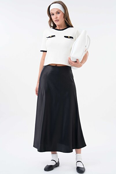 Saade Black Satin Regular Waist Flowing Woven Skirt