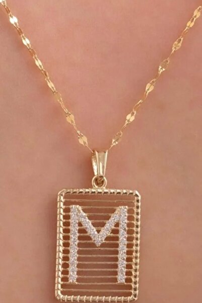 K KRAFTIVA JEWELRY 14 Ayar Altın M Harf Telli Taşlı Kolye
