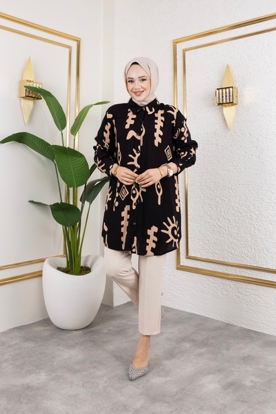 Sfg Life Moda Women's Hijab Clothing & Sportswear Suitable Button Detail Stylish Patterned Woven Viscose Shirt-Tunic