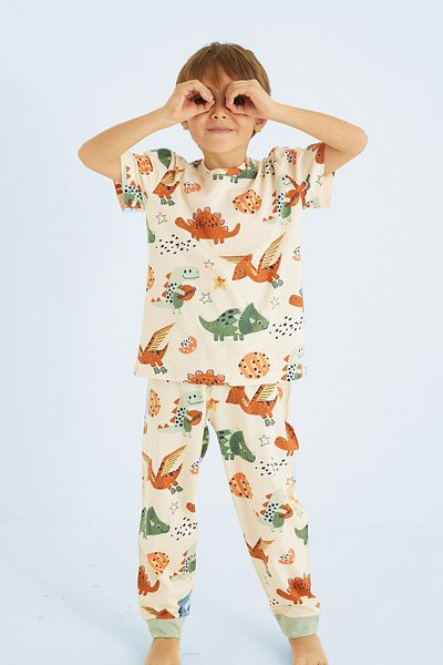 Siyah İnci Σετ πιτζάμες Ecru Boy's 100% Cotton Dinosaur Print Crew Neck