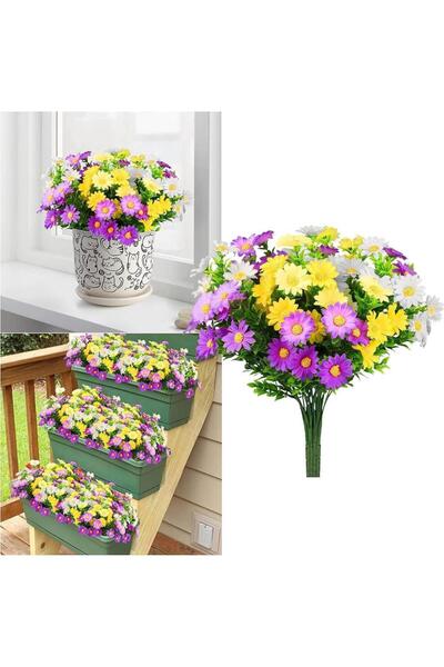 Nettenevime 3lü Set Yapay Çiçek Papatya 5 Dallı Plastik Dekoratif Yapay Bitki