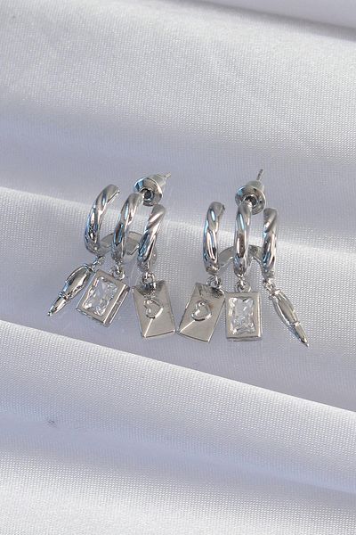 Celira Brass Silver Color Zircon Stone Half Hoop Rib Earrings with Multiple Accessories