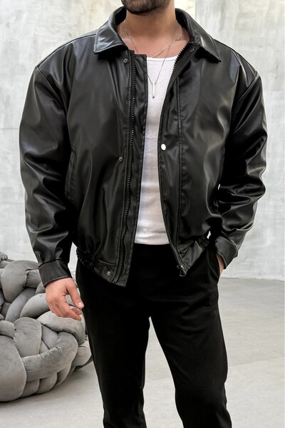 DOPPİO'N DENİM Мъжко черно овърсайз ретро кожено яке