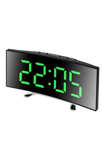 Choice Green Creative Curved Electronic Clock, Led Large Screen Plug-in Battery Dual-purpose Mirror Alarm C