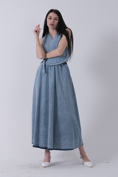 Feminist Side Tie Vest Skirt Denim Suit Blue 31040646