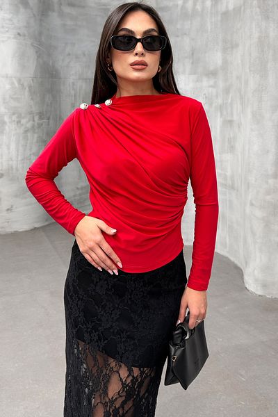 LACHT Women's Red Long Sleeve 3 Button Detailed Sandy Long Sleeve Blouse