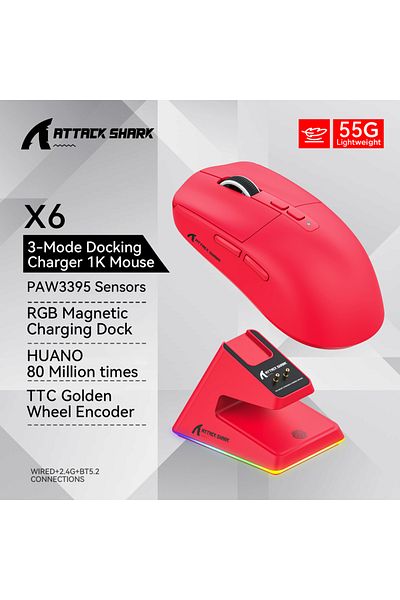 Choice ماوس بلوتوث X6 Red Attack Shark X6 PAW3395، اتصال ثلاثي الأوضاع، قاعدة شحن مغناطيسية تعمل باللمس RGB،