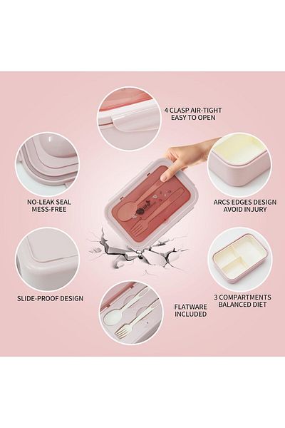 fulina Portable Lunch Box, 1100 ML, Spoon & Fork, three compartments, for On-the-Go Meal, Pink