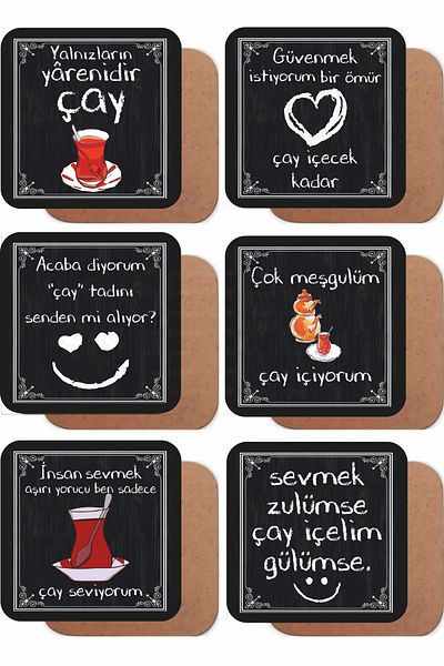 Hayat Poster Beautiful Tea and Love Words Home Kitchen Tableware Cafe Decoration Gift Set of 6 Wooden Coasters