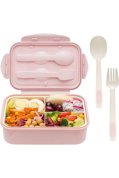 fulina Portable Lunch Box, 1100 ML, Spoon & Fork, three compartments, for On-the-Go Meal, Pink