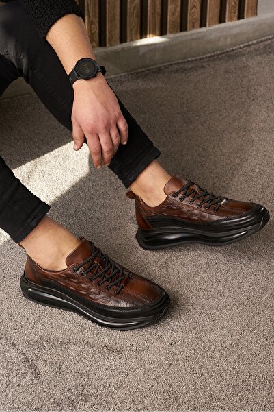 İmerShoes Casual Men's Tan Shoes Genuine Leather Lace-Up High Sole Suede Detail Ankle Support Sneaker 367