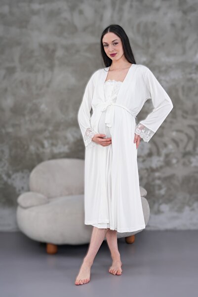 Pelin Kadın Ekru Dantelli Lohusa Hamile Gecelik Sabahlık Takım